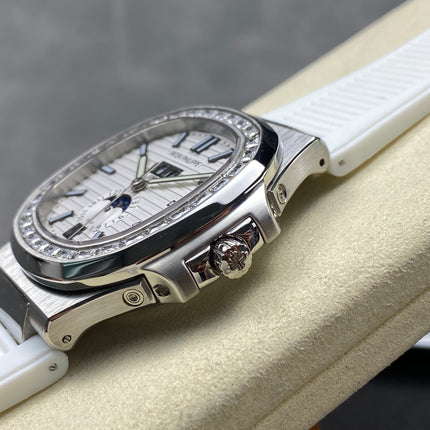 NAUTILUS STEEL ATTACHED DIAMOND BEZEL WHITE RUBBER STRAP
