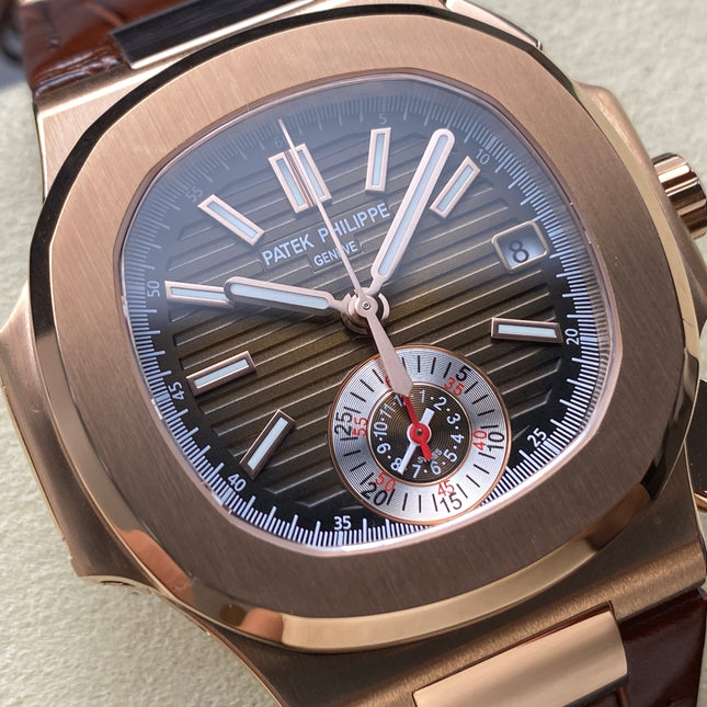 NAUTILUS ROSE GOLD CASE BROWN SUNBURST DIAL ALLIGATOR LEATHER STRAP
