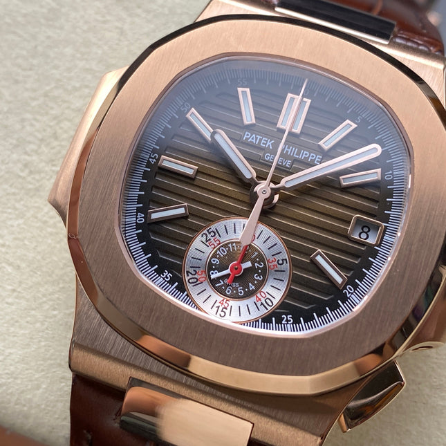 NAUTILUS ROSE GOLD CASE BROWN SUNBURST DIAL ALLIGATOR LEATHER STRAP