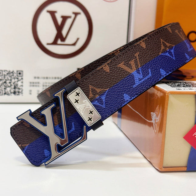 BELT 40MM REVERSIBLE IN BROWN AND BLUE CALFSKIN PRINTED MONOGRAM SILVER BUCKLE