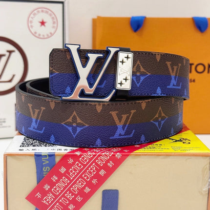 BELT 40MM REVERSIBLE IN BROWN AND BLUE CALFSKIN PRINTED MONOGRAM SILVER BUCKLE