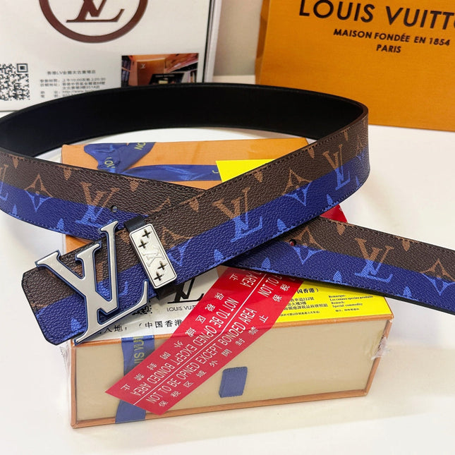 BELT 40MM REVERSIBLE IN BROWN AND BLUE CALFSKIN PRINTED MONOGRAM SILVER BUCKLE