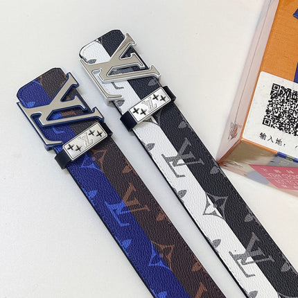 BELT 40MM REVERSIBLE IN BROWN AND BLUE CALFSKIN PRINTED MONOGRAM SILVER BUCKLE