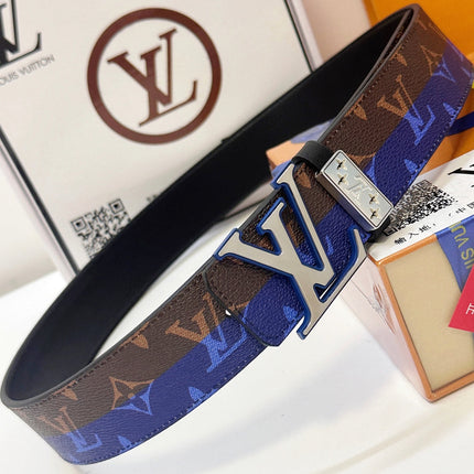 BELT 40MM REVERSIBLE IN BROWN AND BLUE CALFSKIN PRINTED MONOGRAM SILVER BUCKLE