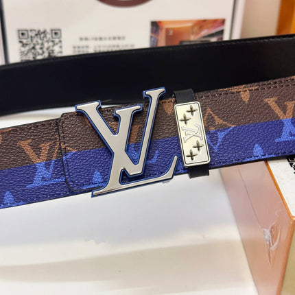 BELT 40MM REVERSIBLE IN BROWN AND BLUE CALFSKIN PRINTED MONOGRAM SILVER BUCKLE