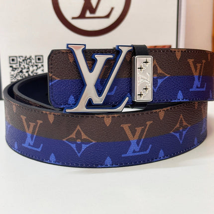 BELT 40MM REVERSIBLE IN BROWN AND BLUE CALFSKIN PRINTED MONOGRAM SILVER BUCKLE