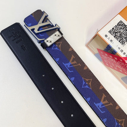 BELT 40MM REVERSIBLE IN BROWN AND BLUE CALFSKIN PRINTED MONOGRAM SILVER BUCKLE