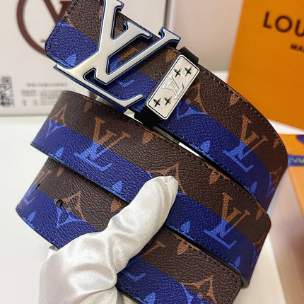 BELT 40MM REVERSIBLE IN BROWN AND BLUE CALFSKIN PRINTED MONOGRAM SILVER BUCKLE