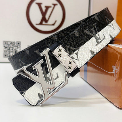 BELT 40MM REVERSIBLE IN BLACK WHITE CALFSKIN PRINTED MONOGRAM SILVER BUCKLE