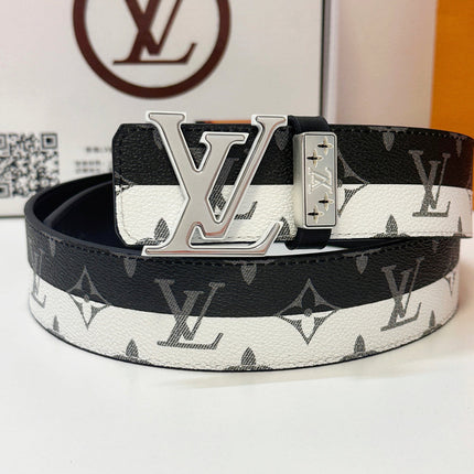 BELT 40MM REVERSIBLE IN BLACK WHITE CALFSKIN PRINTED MONOGRAM SILVER BUCKLE