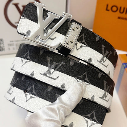 BELT 40MM REVERSIBLE IN BLACK WHITE CALFSKIN PRINTED MONOGRAM SILVER BUCKLE