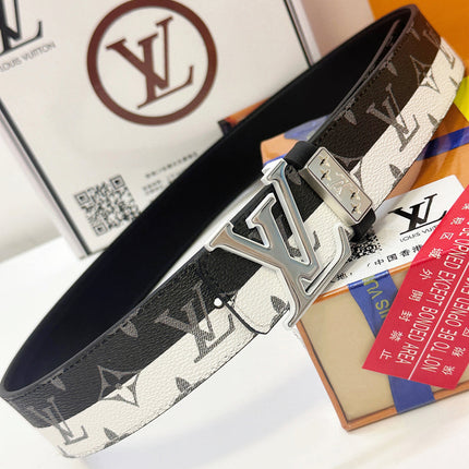 BELT 40MM REVERSIBLE IN BLACK WHITE CALFSKIN PRINTED MONOGRAM SILVER BUCKLE