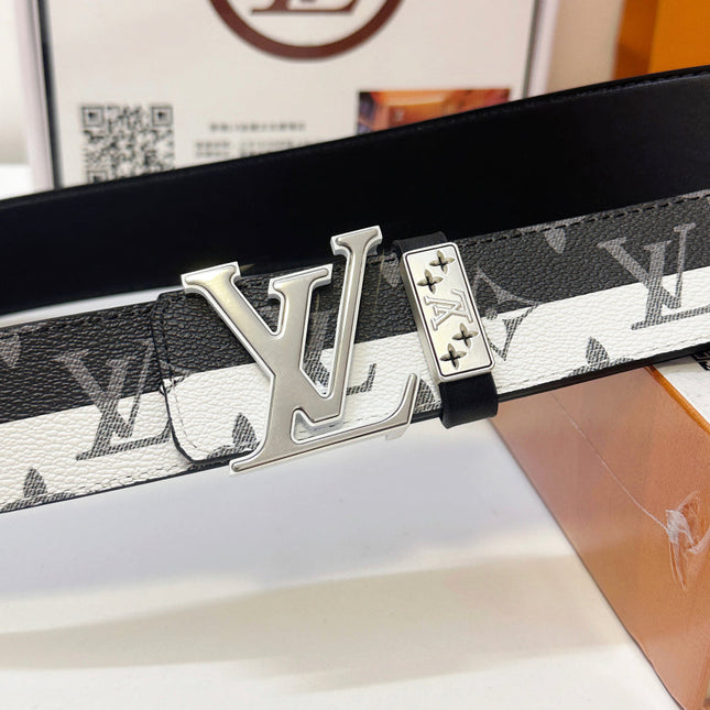 BELT 40MM REVERSIBLE IN BLACK WHITE CALFSKIN PRINTED MONOGRAM SILVER BUCKLE