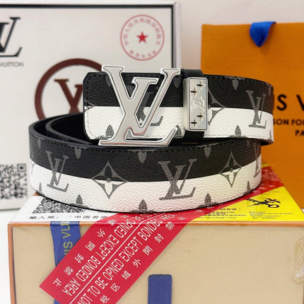 BELT 40MM REVERSIBLE IN BLACK WHITE CALFSKIN PRINTED MONOGRAM SILVER BUCKLE