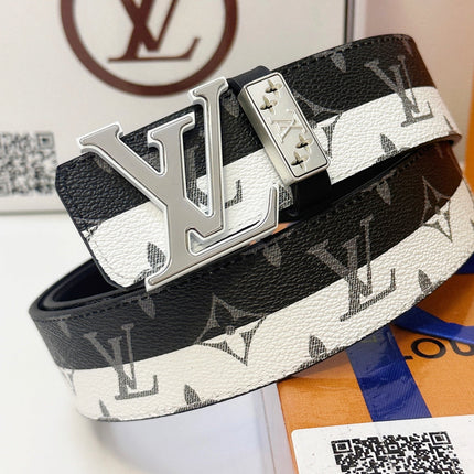 BELT 40MM REVERSIBLE IN BLACK WHITE CALFSKIN PRINTED MONOGRAM SILVER BUCKLE
