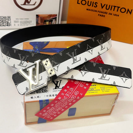 BELT 40MM REVERSIBLE IN BLACK WHITE CALFSKIN PRINTED MONOGRAM SILVER BUCKLE