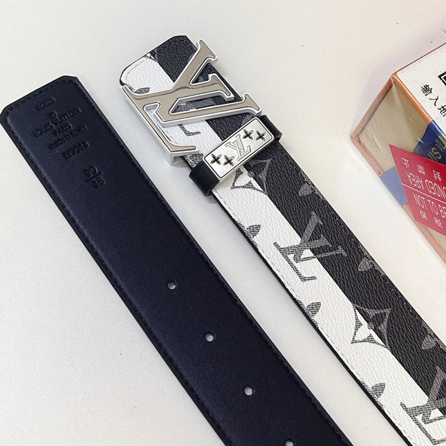 BELT 40MM REVERSIBLE IN BLACK WHITE CALFSKIN PRINTED MONOGRAM SILVER BUCKLE