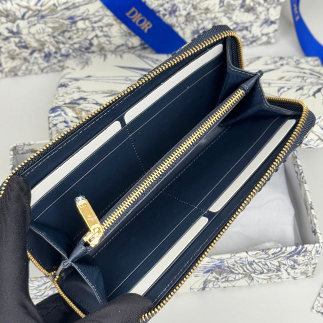 DIOR 25S LONG ZIPPER WALLET 19 IN BLUE OBLIQUE JACQUARD CANVAS