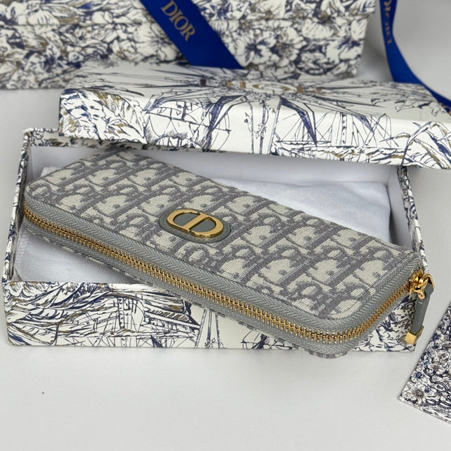 DIOR 25S LONG ZIPPER WALLET 19 IN GRAY OBLIQUE JACQUARD CANVAS