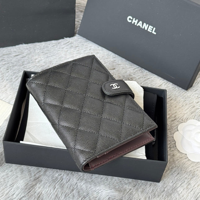 CHANEL 25S MULTI PURPOSE PASSPORT WALLET 15 IN BLACK CALFSKIN SILVER HARDWARE