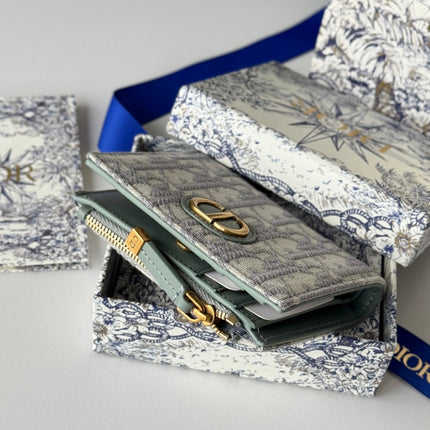 DIOR 25S 30 MONTAIGNE DAHLIA WALLET 11 IN GRAY DIOR OBLIQUE JACQUARD