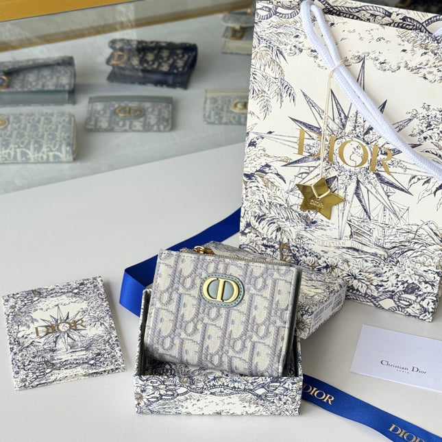 DIOR 25S 30 MONTAIGNE DAHLIA WALLET 11 IN GRAY DIOR OBLIQUE JACQUARD