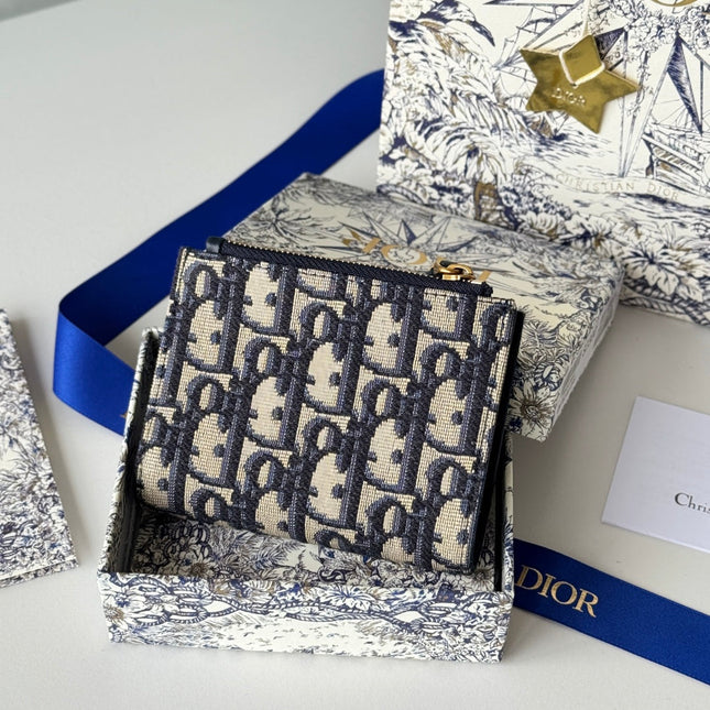 DIOR 25S 30 MONTAIGNE DAHLIA WALLET 11 IN BLUE DIOR OBLIQUE JACQUARD
