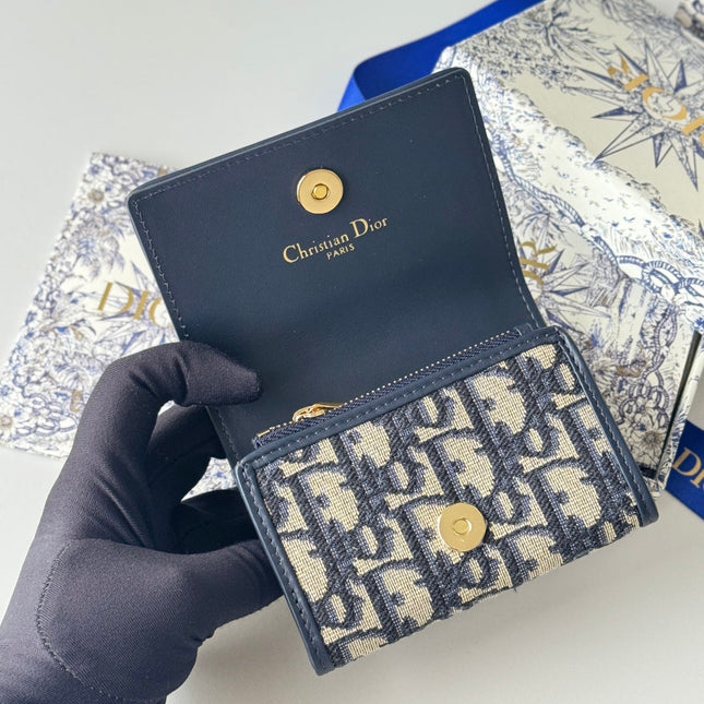 DIOR 25S CARO CARD HOLDER 11 IN BLUE CALFSKIN AND CANVAS GOLD HARDWARE