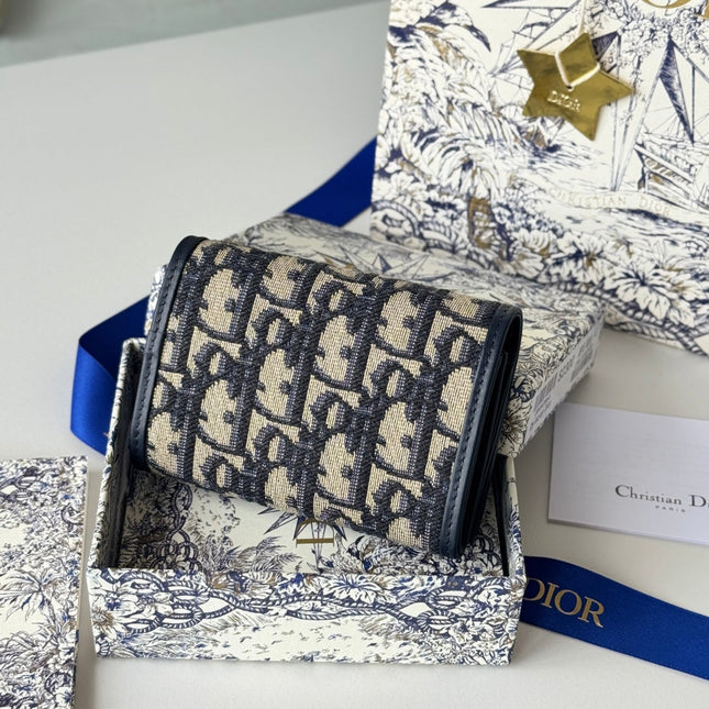 DIOR 25S CARO CARD HOLDER 11 IN BLUE CALFSKIN AND CANVAS GOLD HARDWARE