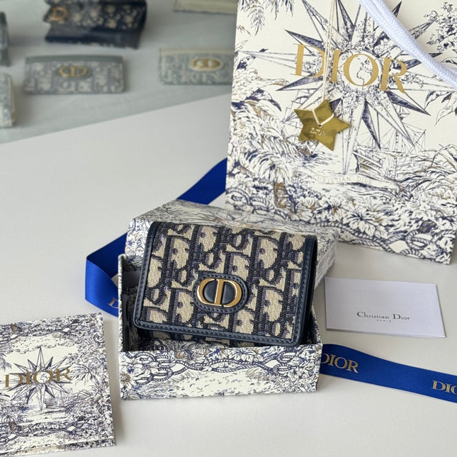DIOR 25S CARO CARD HOLDER 11 IN BLUE CALFSKIN AND CANVAS GOLD HARDWARE