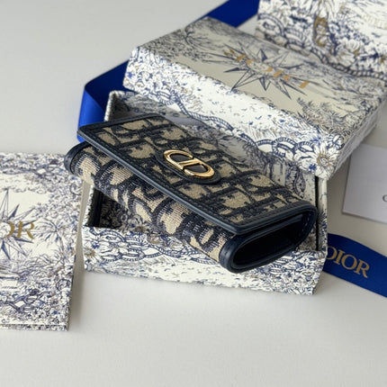 DIOR 25S CARO CARD HOLDER 11 IN BLUE CALFSKIN AND CANVAS GOLD HARDWARE