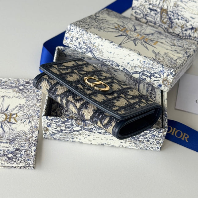 DIOR 25S CARO CARD HOLDER 11 IN BLUE CALFSKIN AND CANVAS GOLD HARDWARE