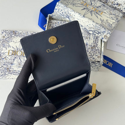 DIOR 25S CARO CARD HOLDER 11 IN BLUE CALFSKIN AND CANVAS GOLD HARDWARE