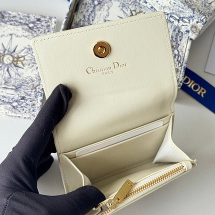 DIOR 25S CARO CARD HOLDER 11 IN LIGHT BLUE CALFSKIN AND CANVAS GOLD HARDWARE