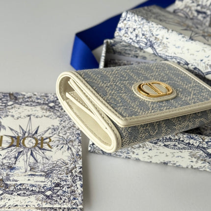DIOR 25S CARO CARD HOLDER 11 IN LIGHT BLUE CALFSKIN AND CANVAS GOLD HARDWARE