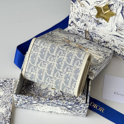 DIOR 25S CARO CARD HOLDER 11 IN LIGHT BLUE CALFSKIN AND CANVAS GOLD HARDWARE