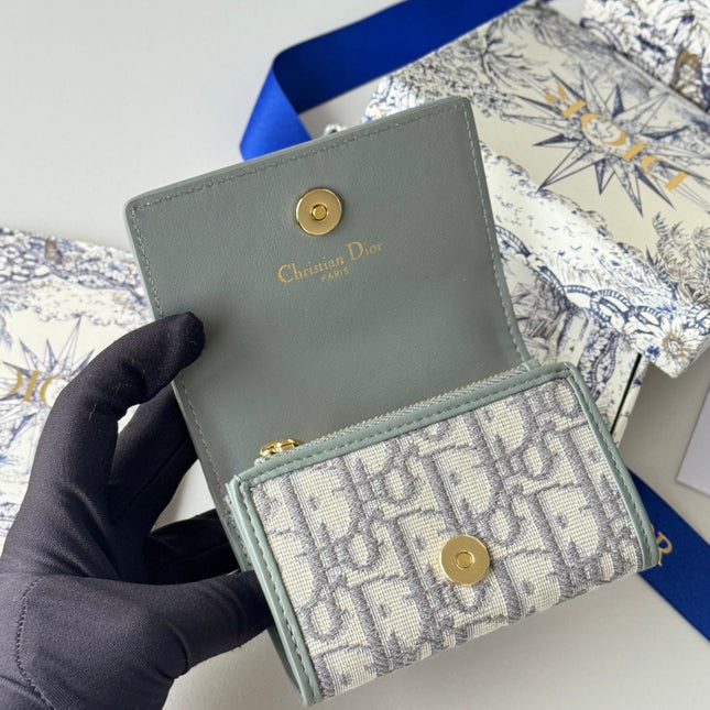 DIOR 25S CARO CARD HOLDER 11 IN GRAY CALFSKIN AND CANVAS GOLD HARDWARE