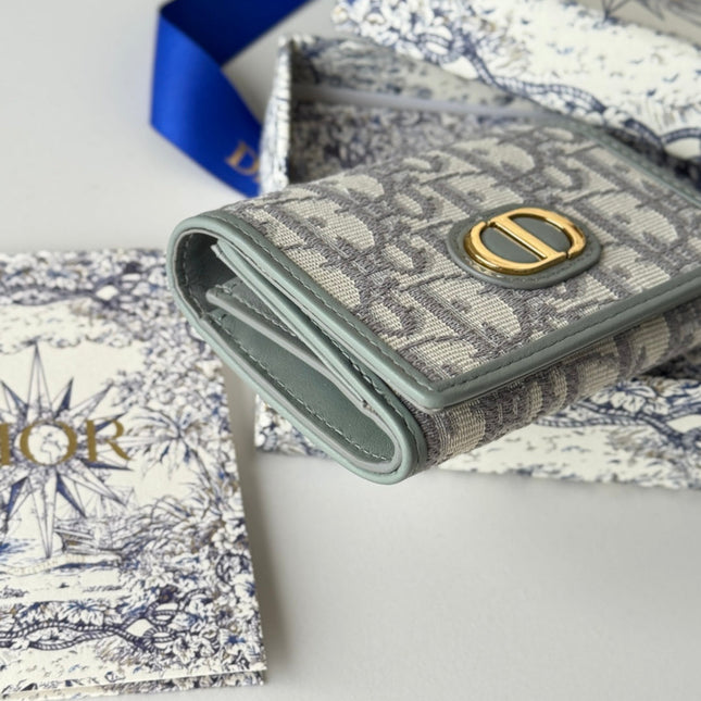 DIOR 25S CARO CARD HOLDER 11 IN GRAY CALFSKIN AND CANVAS GOLD HARDWARE