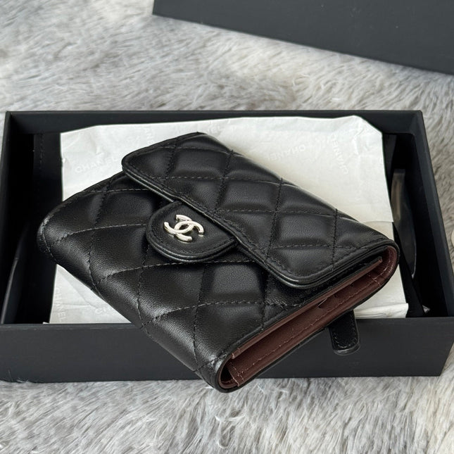CHANEL 25S CF SMALL TRI FOLD WALLET 11 IN BLACK LAMBSKIN SILVER HARDWARE
