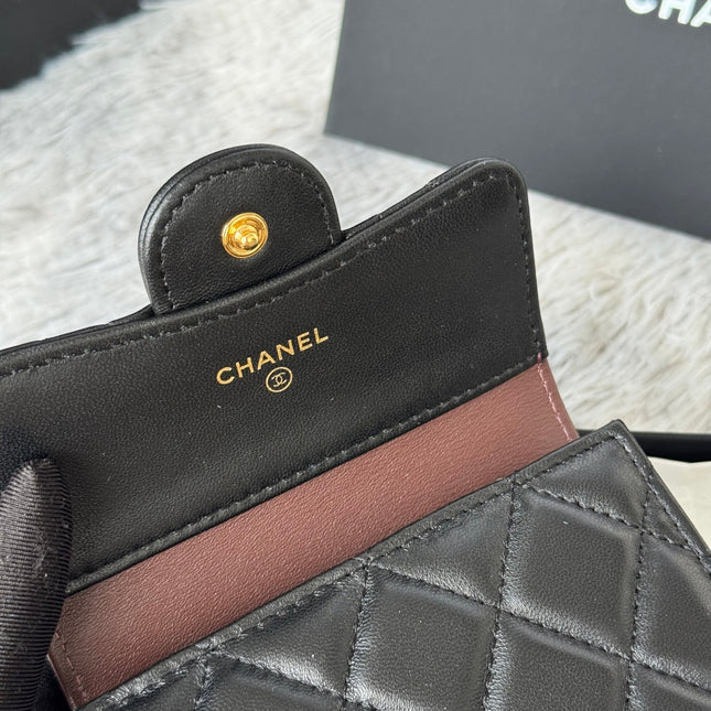 CHANEL 25S CF SMALL TRI FOLD WALLET 11 IN BLACK LAMBSKIN GOLD HARDWARE