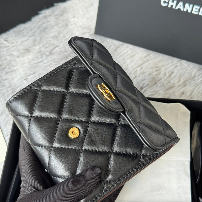 CHANEL 25S CF SMALL TRI FOLD WALLET 11 IN BLACK LAMBSKIN GOLD HARDWARE