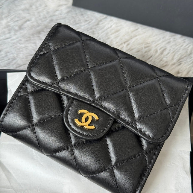 CHANEL 25S CF SMALL TRI FOLD WALLET 11 IN BLACK LAMBSKIN GOLD HARDWARE