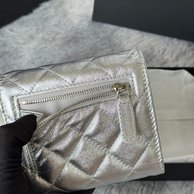 CHANEL 25S CF SMALL TRI FOLD WALLET 11 IN SILVER CAVIAR GOLD HARDWARE