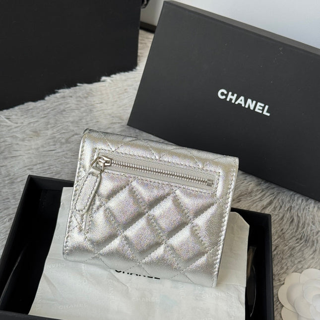 CHANEL 25S CF SMALL TRI FOLD WALLET 11 IN SILVER CAVIAR GOLD HARDWARE