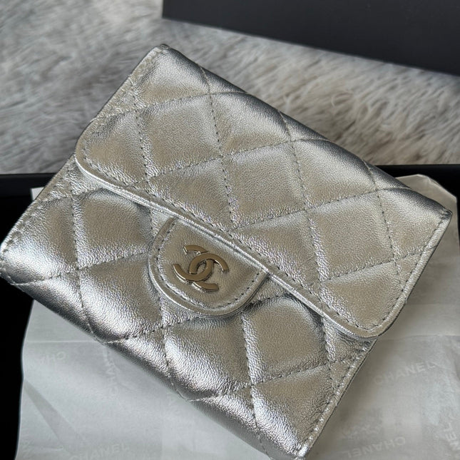 CHANEL 25S CF SMALL TRI FOLD WALLET 11 IN SILVER CAVIAR GOLD HARDWARE