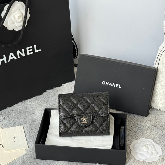 CHANEL 25S CF SMALL TRI FOLD WALLET 11 IN BLACK CAVIAR SILVER HARDWARE