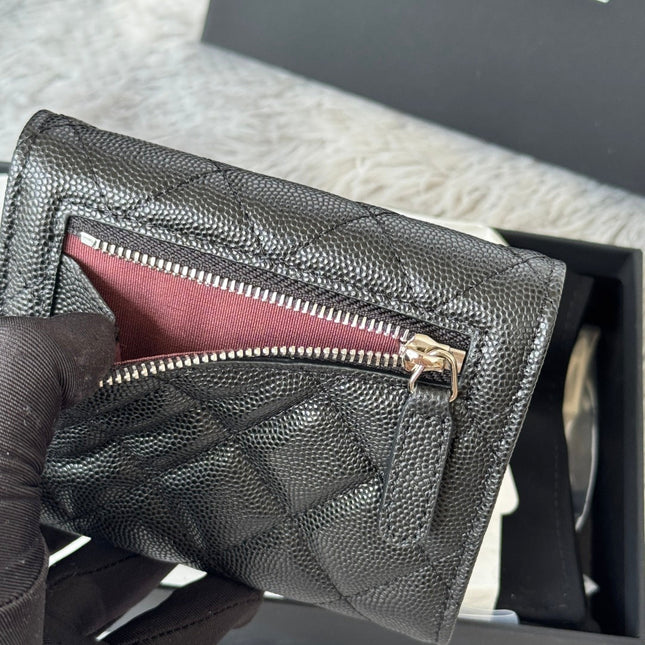 CHANEL 25S CF SMALL TRI FOLD WALLET 11 IN BLACK CAVIAR SILVER HARDWARE