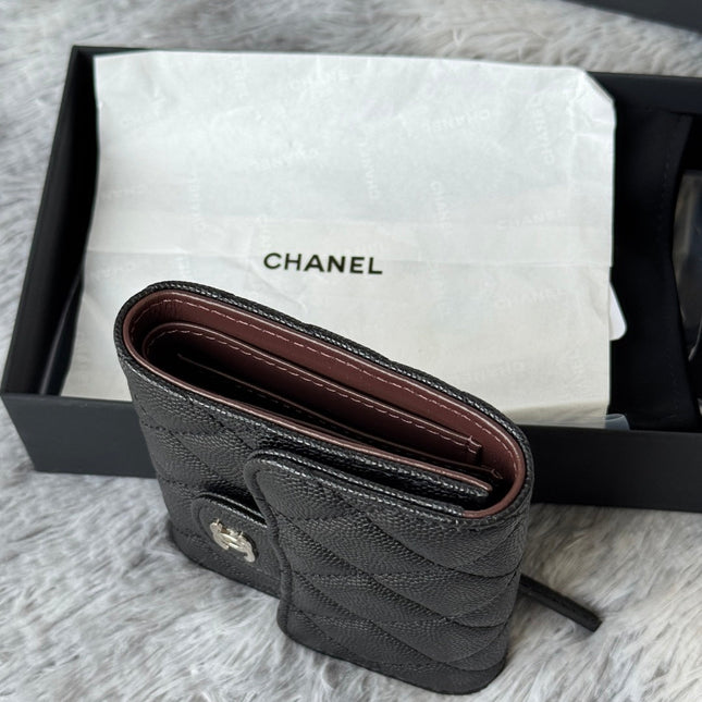 CHANEL 25S CF SMALL TRI FOLD WALLET 11 IN BLACK CAVIAR SILVER HARDWARE