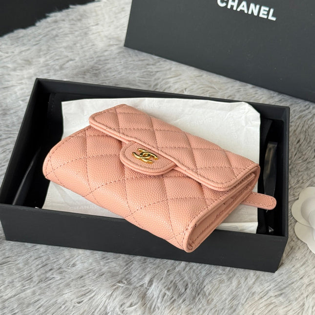 CHANEL 25S CF SMALL TRI FOLD WALLET 11 IN PEACH PINK CAVIAR GOLD HARDWARE