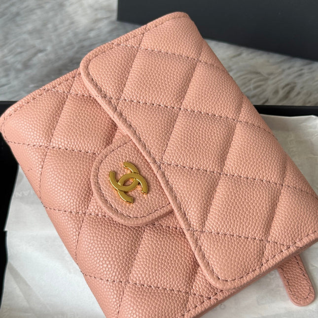 CHANEL 25S CF SMALL TRI FOLD WALLET 11 IN PEACH PINK CAVIAR GOLD HARDWARE